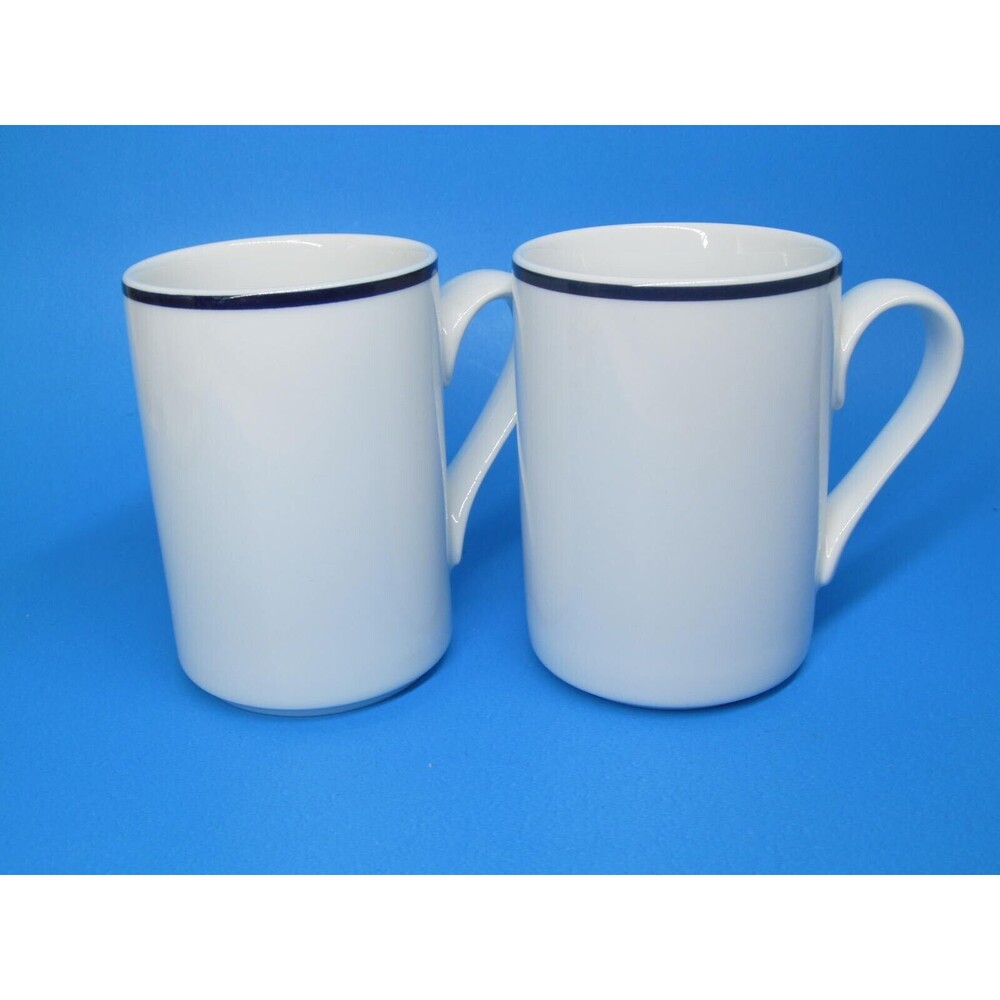 Dansk Bistro Mugs White Blue Stripe Christianshavn Coffee Mugs Set of 2